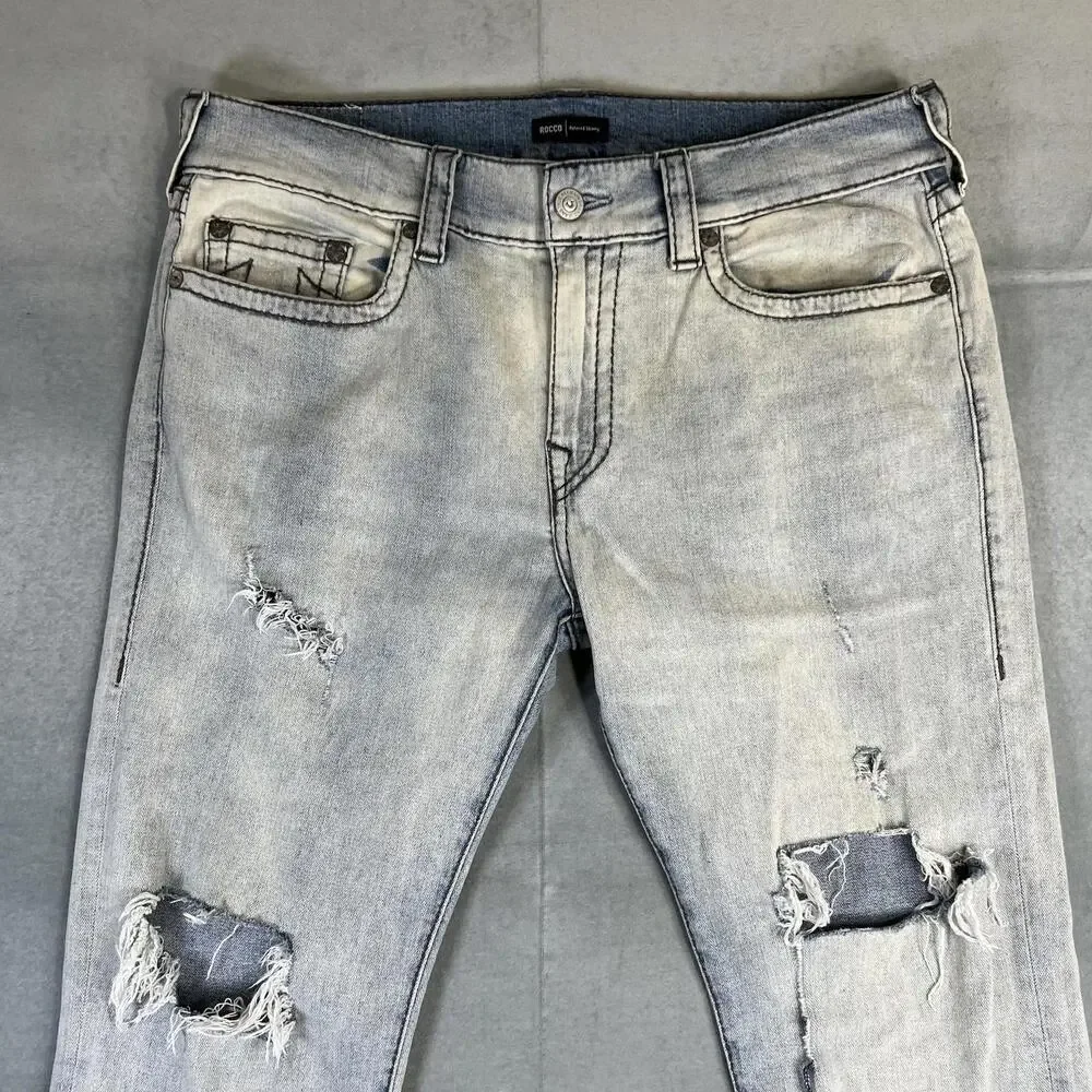 True Religion Rocco Jeans Mens 36 Blue Acid Wash Relaxed Skinny Distressed Rip